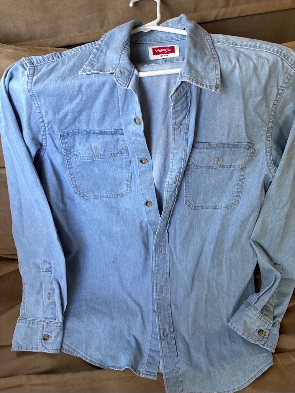 Wrangler Light Blue Denim Shirt with Red Logo Patch